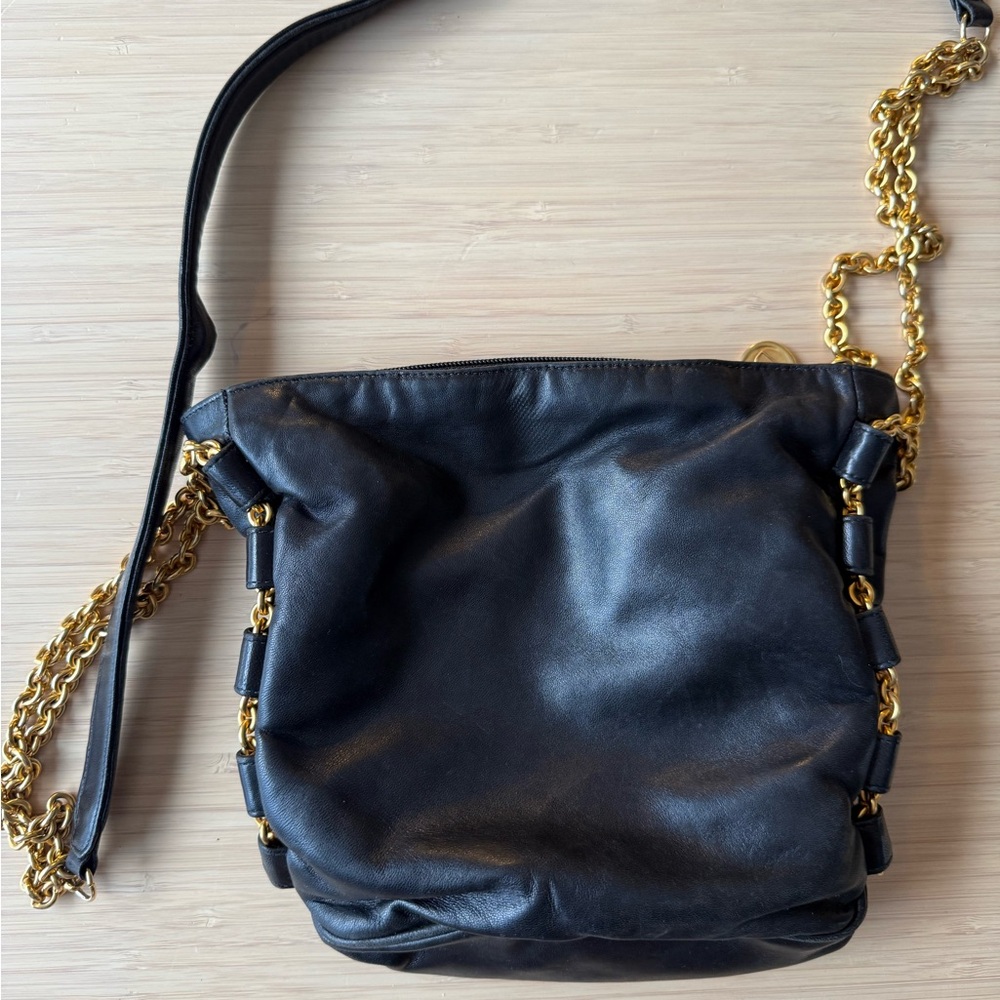 Donna Karan Black Leather Shoulder Bag with Gold Accents